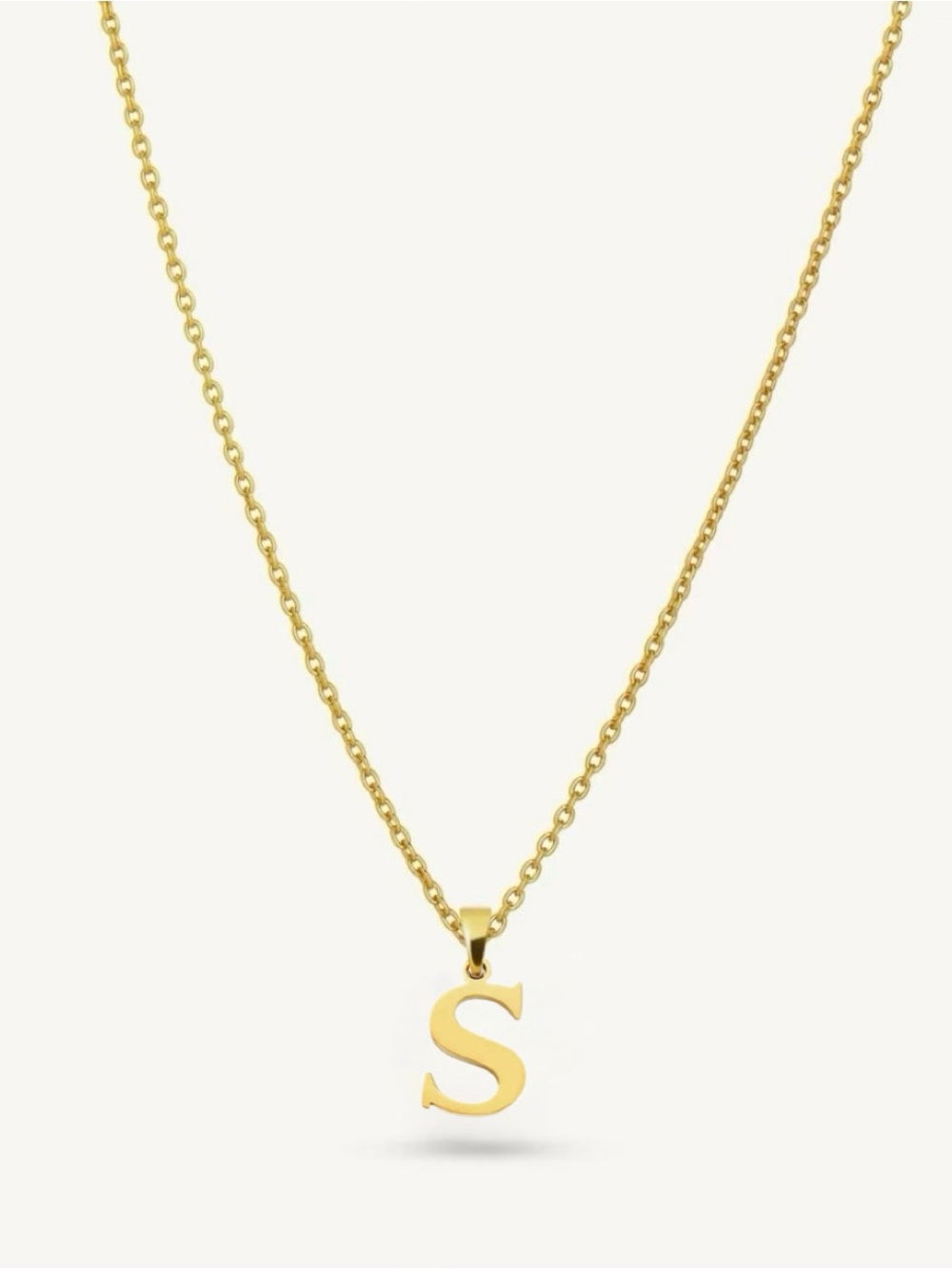 Classic Gold Block Letter Initial Charm Necklace, “S” Pendant, Stainless Steel